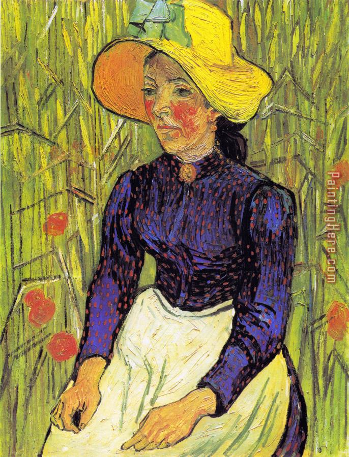 Vincent van Gogh Young Peasant Woman with Straw Hat Sitting in Front of a Wheat Field
